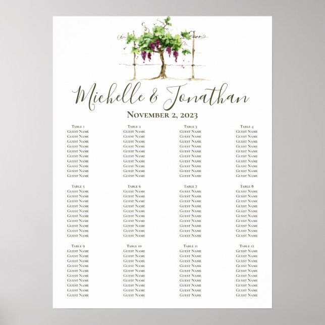 Paso Robles Vineyard Winery Wedding Seating Chart (Front)