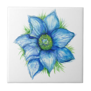 Pasque Flower in Blue Ceramic Tile