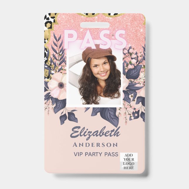 PASS Photo ID - Girly Flowers Glitter Trending Badge (Front)