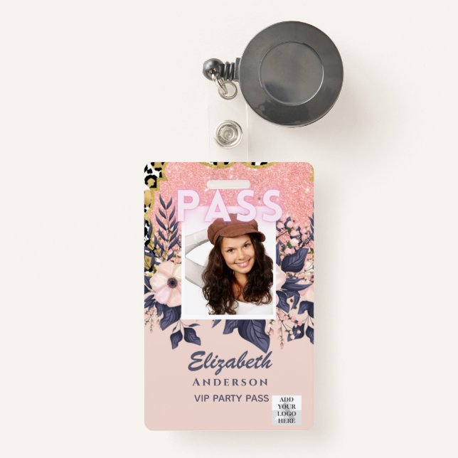 PASS Photo ID - Girly Flowers Glitter Trending ID Badge (Front with Retractable)