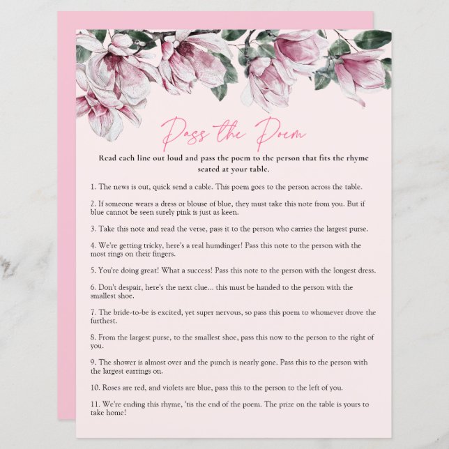 Pass the Poem | Pink Floral Bridal Shower Game (Front/Back)