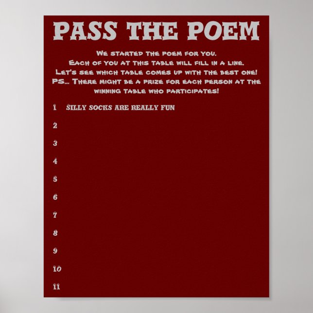 Pass the Poem Wedding game Poster (Front)
