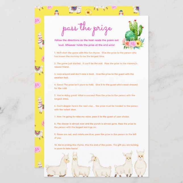 Pass the Prize Baby Shower Game - Colourful Llama (Front/Back)