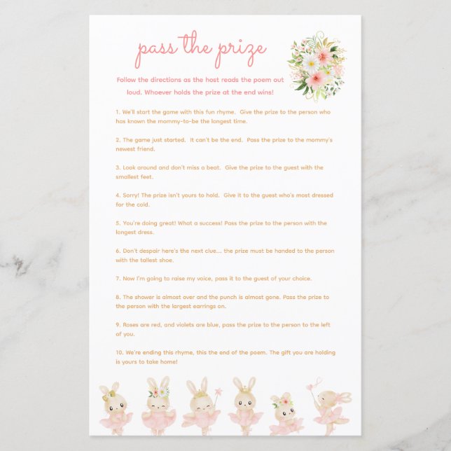 Pass the Prize Baby Shower Game Pink Ballerina (Front)