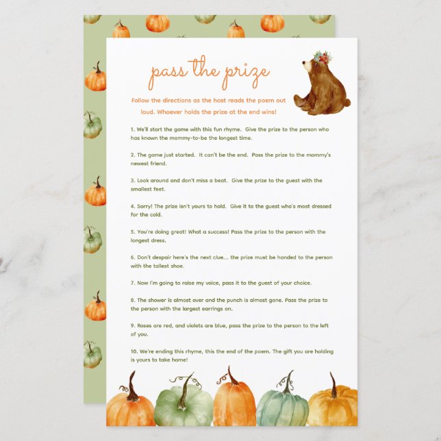 Pass the prize baby shower game - pumpkin autumn (Front/Back)