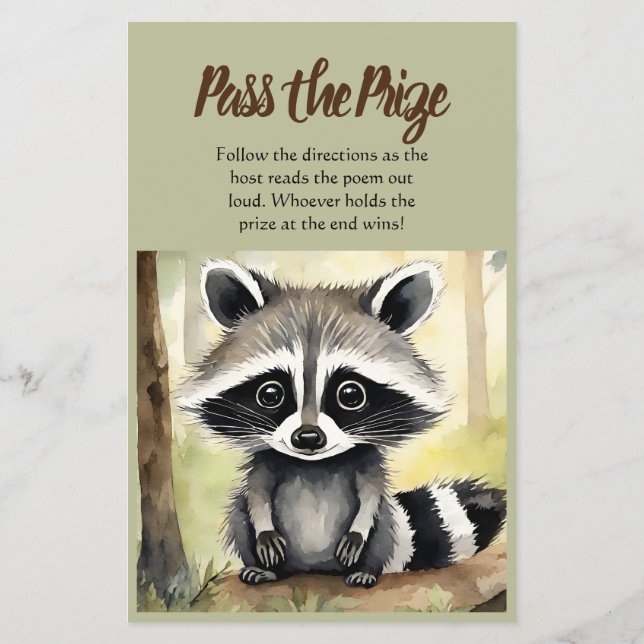 Pass the Prize Game Cute Racoon Baby Shower  (Back)