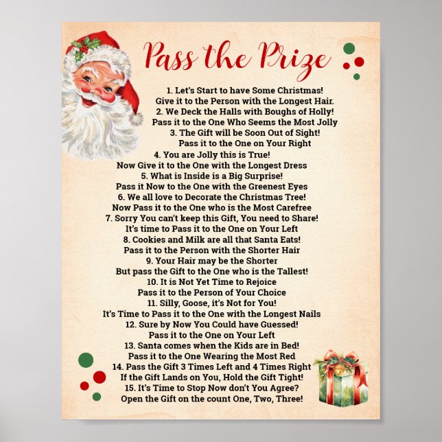 Pass the Prize Poem Christmas Game Sign (Front)