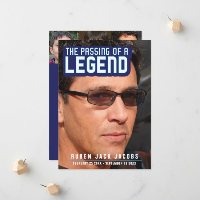 Passing of a legend funeral photo blue memorial announcement (Front/Back In Situ)