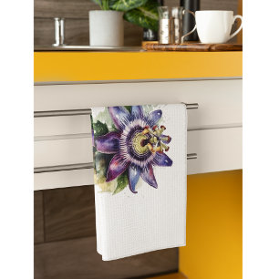 passion flower in colourful purple and green  tea towel