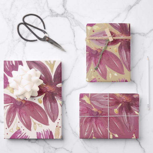Passion Flowers, Watercolor Burgundy and Gold Wrapping Paper Sheet (Front)