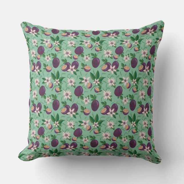 Passion Fruit Green Floral Repeat Pattern Art Cushion (Front)