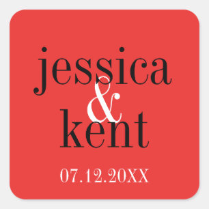 Passion red black typography modern wedding favour square sticker