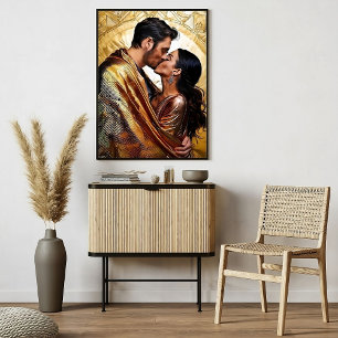 Passionate Couple Kissing in Golden Design ❤️ Poster