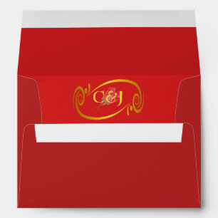 Passionate Red Gold Framed Initials Rose Lined Envelope