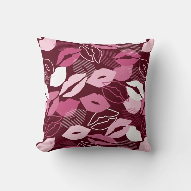 Passionate Red Pink Lips Kissing Pattern Cushion (Front)