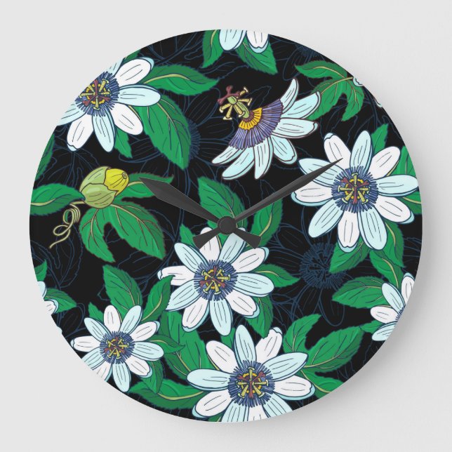 Passionflower Black Background Floral Seamless Large Clock (Front)