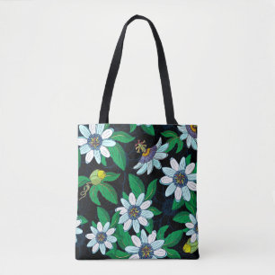 Passionflower, passiflora on a black background. F Tote Bag