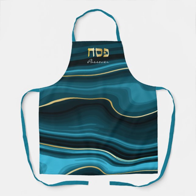 Passover Hebrew Teal, Turquoise & Gold Faux Agate Apron (Front)