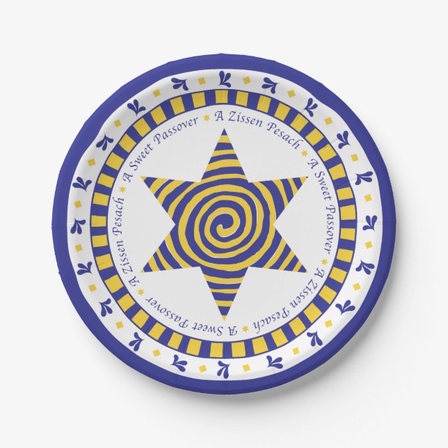 Passover Paper Plate Blue/Yellow Star Pattern (Front)