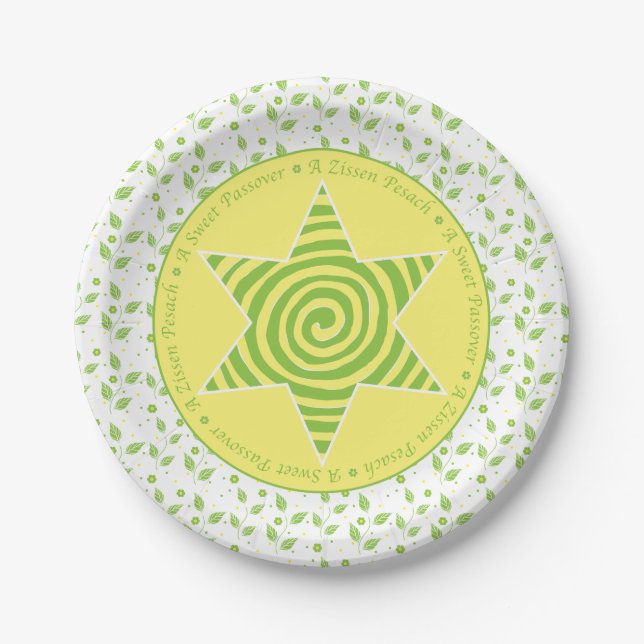 Passover Paper Plate "Green/Yellow Leaves Design" (Front)