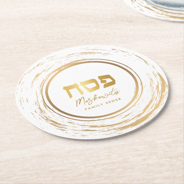 Passover Seder Elegant Modern Gold Swash Round Pap Paper Coaster (Angled)