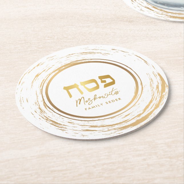 Passover Seder Elegant Modern Gold Swash Round Paper Coaster (Angled)