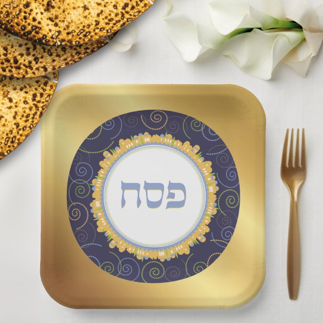 Passover Seder Square Jerusalem Navy/Gold Paper  P Paper Plate (Creator Uploaded)