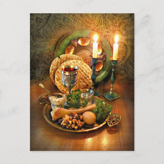 Passover Seder Table, Wine & Matzah Postcard (Front)