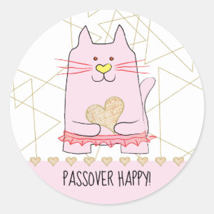 Passover Sticker Round Pink Cat Ballerina