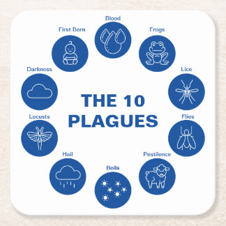 Passover The 10 Plagues Blue and White Sedar Square Paper Coaster