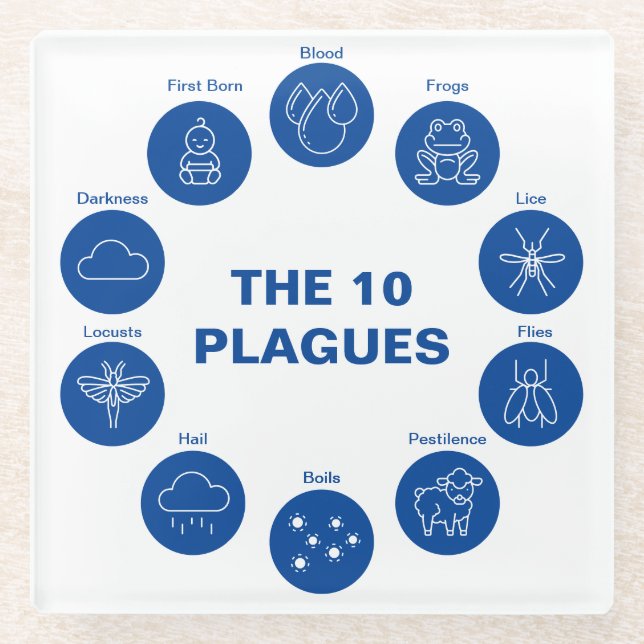 Passover The 10 Plagues Blue and White Seder Glass Coaster (Front)