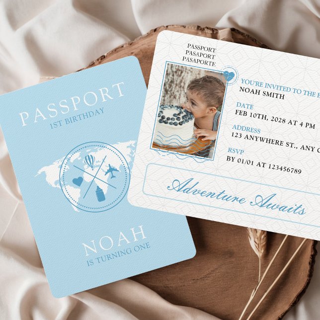 Passport Adventure Begins Blue Boy 1st Birthday Invitation (Passport 1st Birthday Adventure Awaits Blue Boy Photo Travel Airplane How time Flies Up Up & Away)