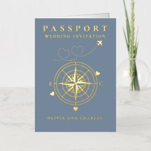 Passport Destination Blue Gold Wedding Invitation