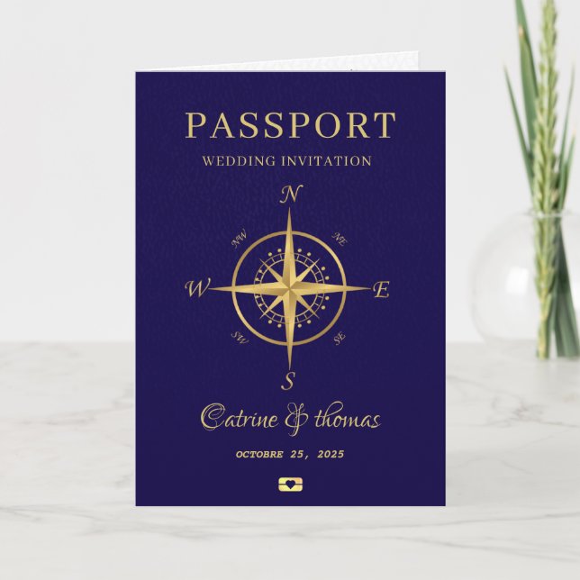 Passport Destination Compass Wedding Invitation (Front)