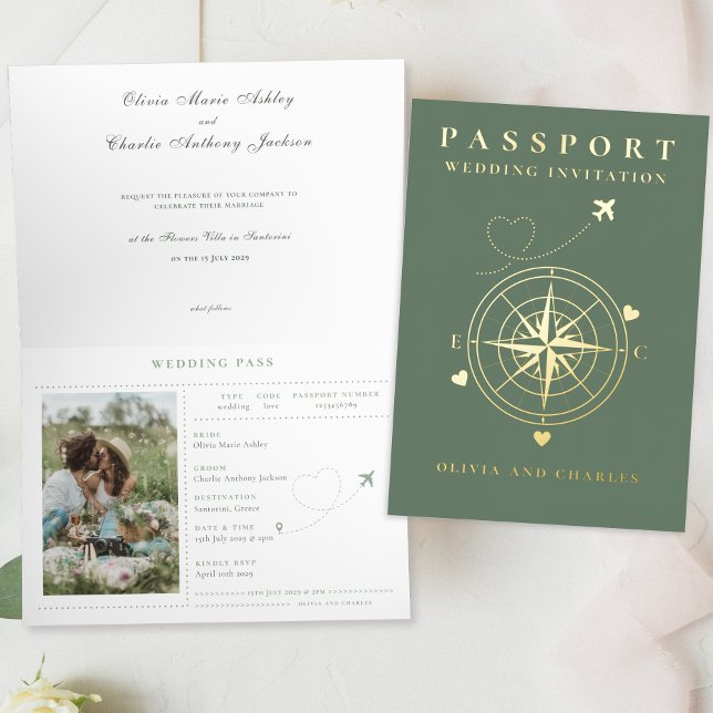 Passport Destination Sage Gold Wedding Invitation  (Creator Uploaded)