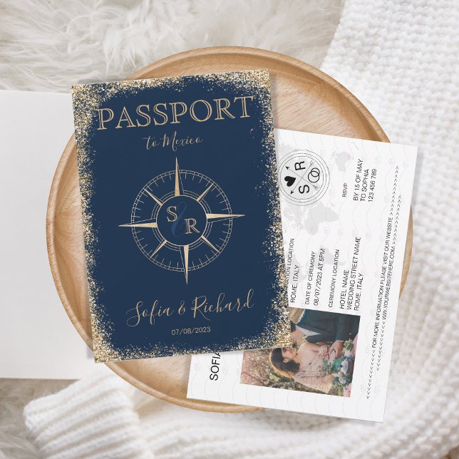 Passport Destination Wedding Gold Compass Monogram Invitation (Creator Uploaded)