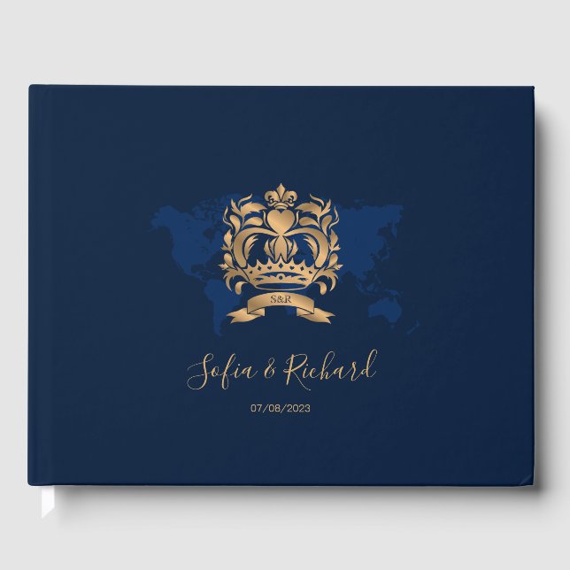 Passport Destination Wedding Gold Navy Map Crest Guest Book (Front)