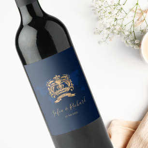 Passport Destination Wedding Gold Navy Map Crest Wine Label