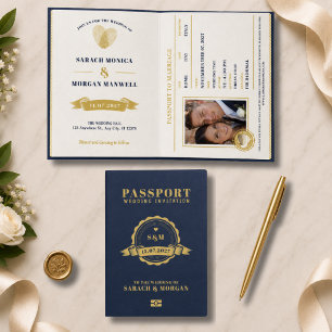 Passport Destination Wedding Monogram Navy Blue Invitation