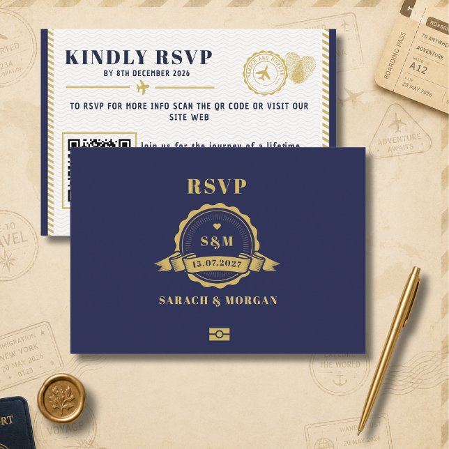 Passport Destination Wedding Monogram QR-Code RSVP Card (passport rsvp cards destination compass travel beach adventure navy blue wedding summer island )