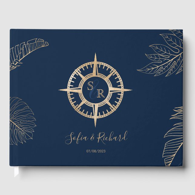 Passport Destination Wedding Palm Compass Monogram Guest Book (Front)