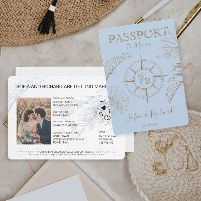 Passport Destination Wedding Palm Compass Monogram Invitation (dusty blue passport with golden compass and palm leaves )