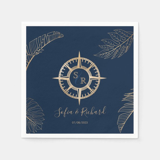 Passport Destination Wedding Palm Compass Monogram Napkin (Front)
