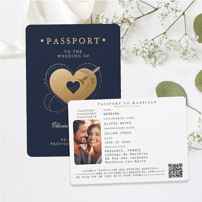 Passport Gold Heart Plane Navy Destination Wedding Invitation (passport wedding invitation card destination getaway navy blue faux gold hearts airplane)