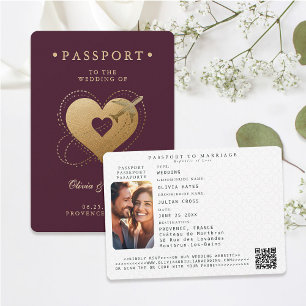 Passport Gold Hearts Plane Red Destination Wedding Invitation