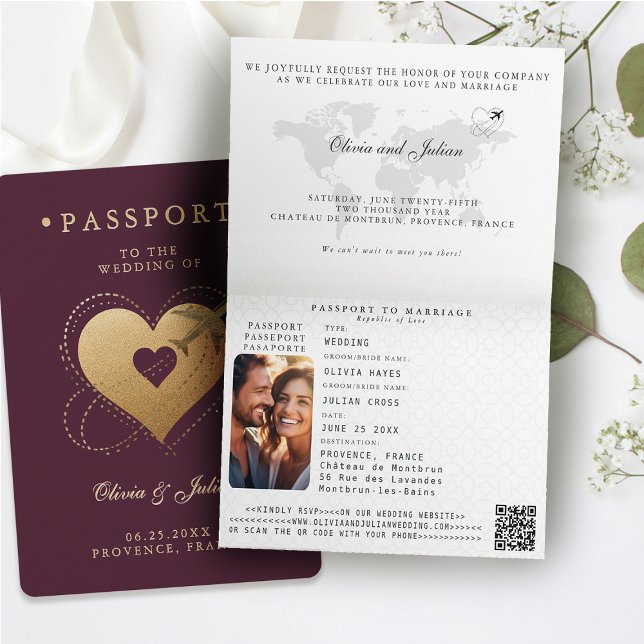 Passport Hearts Plane Burgundy Destination Wedding Invitation (passport wedding invitation card destination getaway burgundy red faux gold hearts airplane monogram)