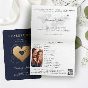 Passport Hearts Plane Navy Destination Wedding Invitation