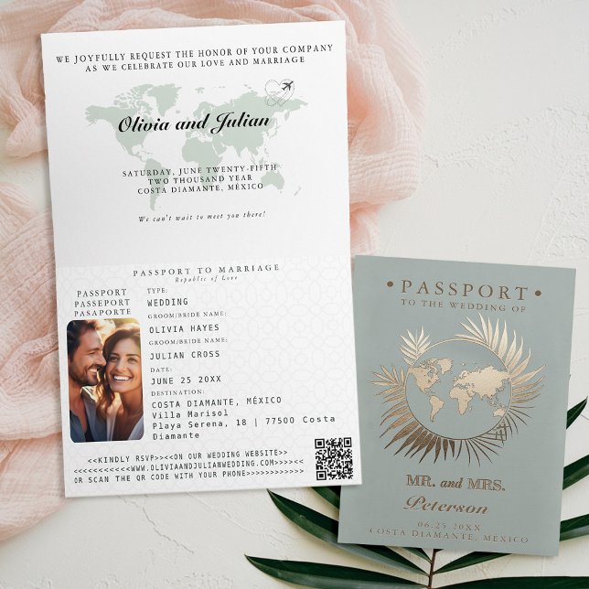 Passport Map Tropical Leaf Destination Wedding Invitation (passport wedding invitation card destination getaway tropical beach sage green leaf wreath monograms)