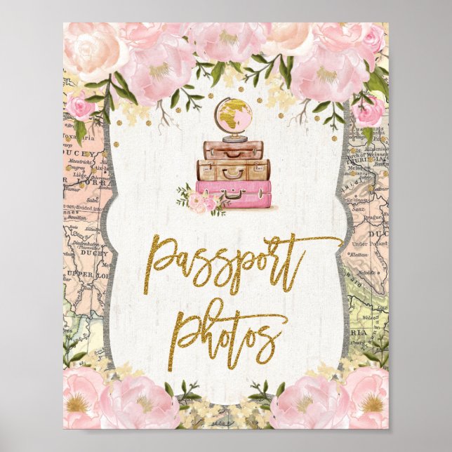 Passport Photos Floral Travel Miss to Mrs Map Poster (Front)