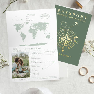 Passport Sage Gold Wedding Save The Date Foil Holiday Card